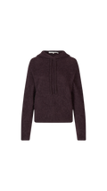 Dark brown sweater with a tie neckline on a white background