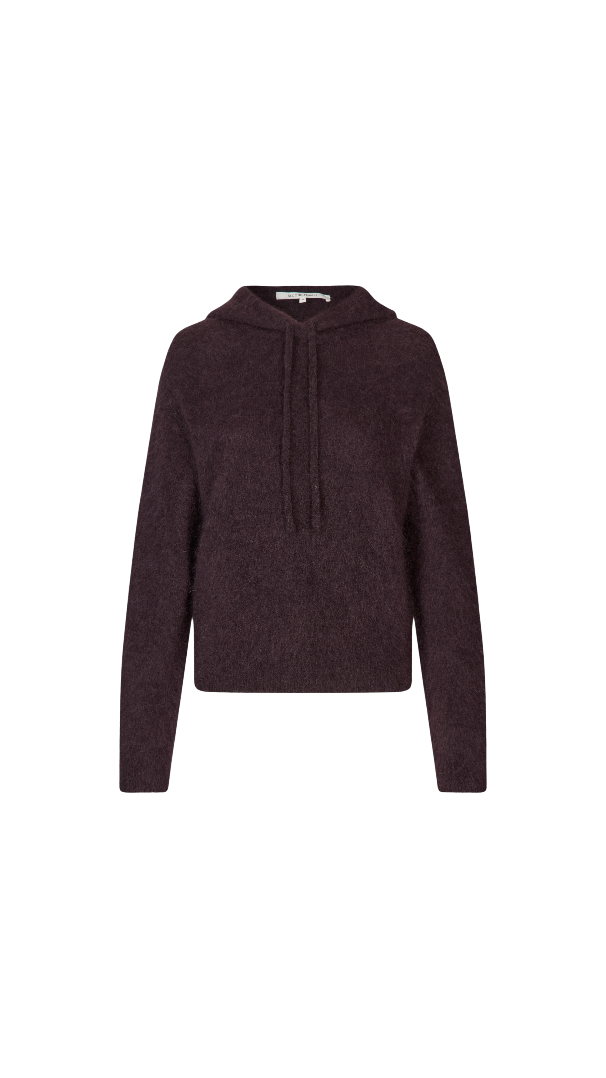 Dark brown sweater with a tie neckline on a white background