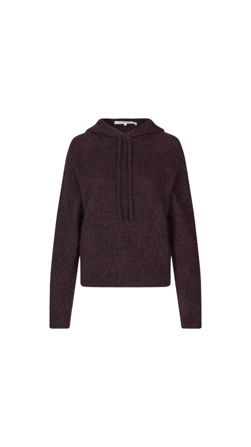 Dark brown sweater with a tie neckline on a white background