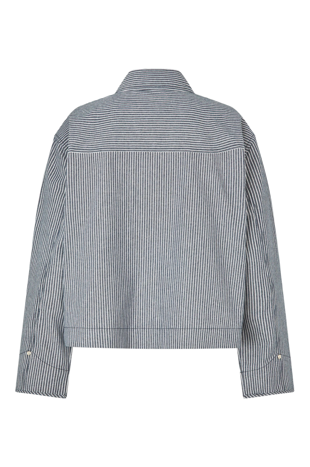 A cropped long-sleeve jacket with a vertical stripe pattern in gray and white, shown from the back on a plain white background.