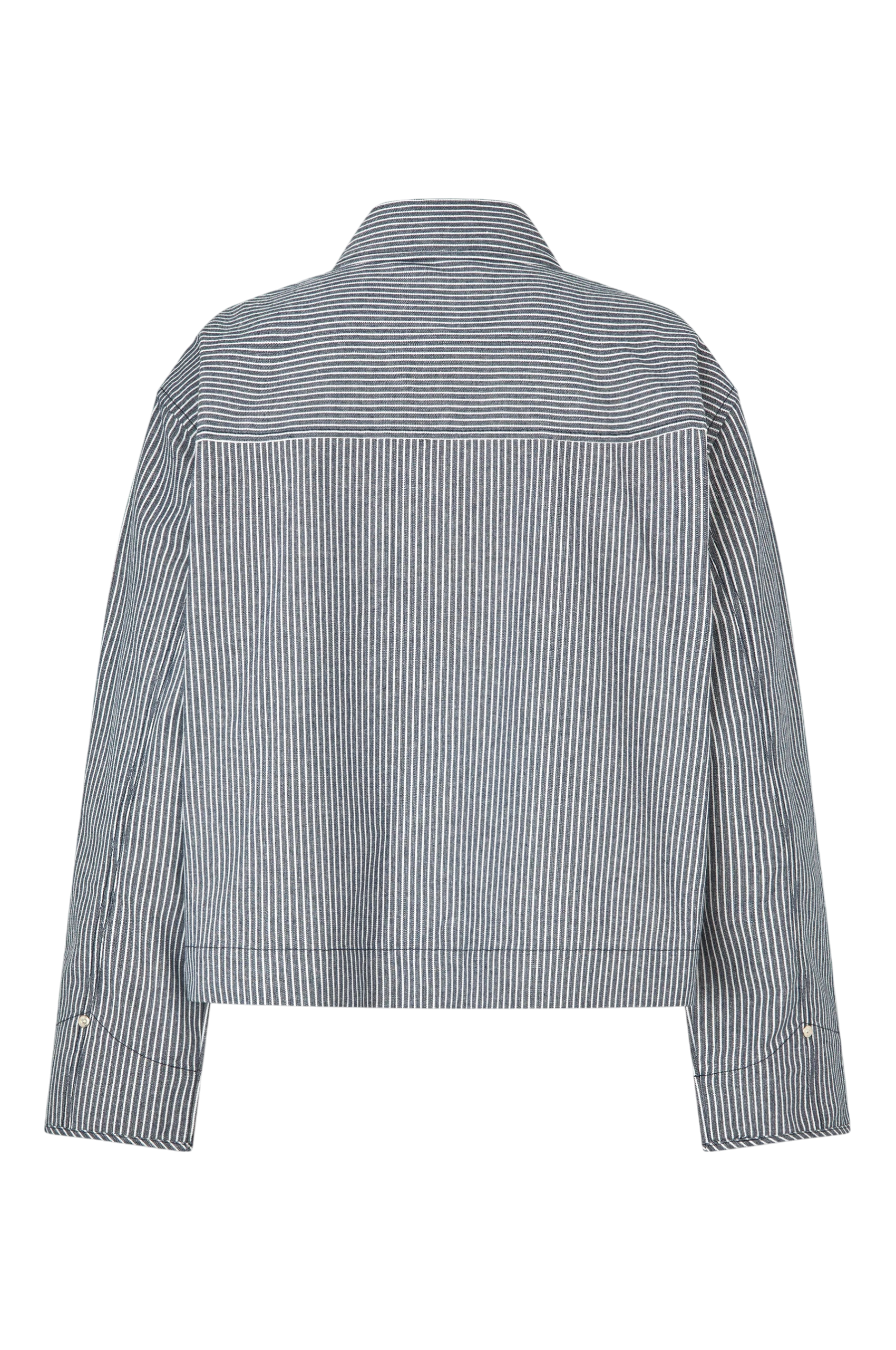 A cropped long-sleeve jacket with a vertical stripe pattern in gray and white, shown from the back on a plain white background.