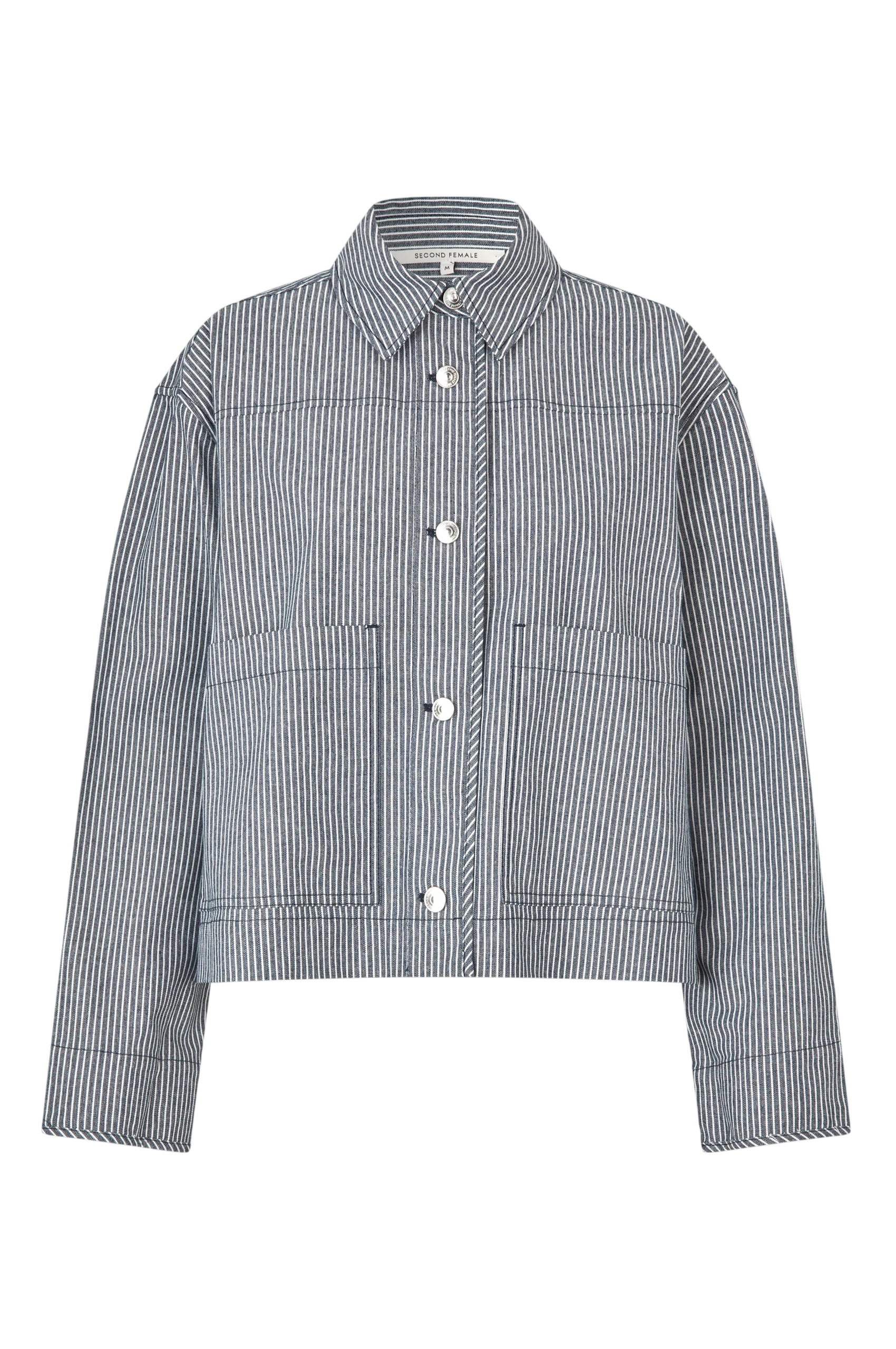 A cropped, long-sleeve button-front jacket with a pointed collar, featuring vertical pinstripes on a light gray base and two large front patch pockets, shown on a plain white background.