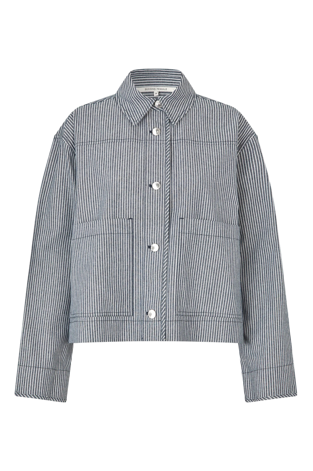A cropped, long-sleeve button-front jacket with a pointed collar, featuring vertical pinstripes on a light gray base and two large front patch pockets, shown on a plain white background.