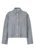 A cropped, long-sleeve button-front jacket with a pointed collar, featuring vertical pinstripes on a light gray base and two large front patch pockets, shown on a plain white background.