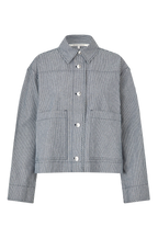 A cropped, long-sleeve button-front jacket with a pointed collar, featuring vertical pinstripes on a light gray base and two large front patch pockets, shown on a plain white background.