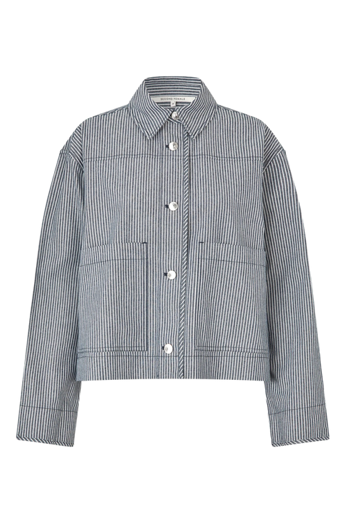 A cropped, long-sleeve button-front jacket with a pointed collar, featuring vertical pinstripes on a light gray base and two large front patch pockets, shown on a plain white background.