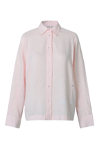 A light pink long-sleeve button-up shirt with a pointed collar, shown on a plain white background.