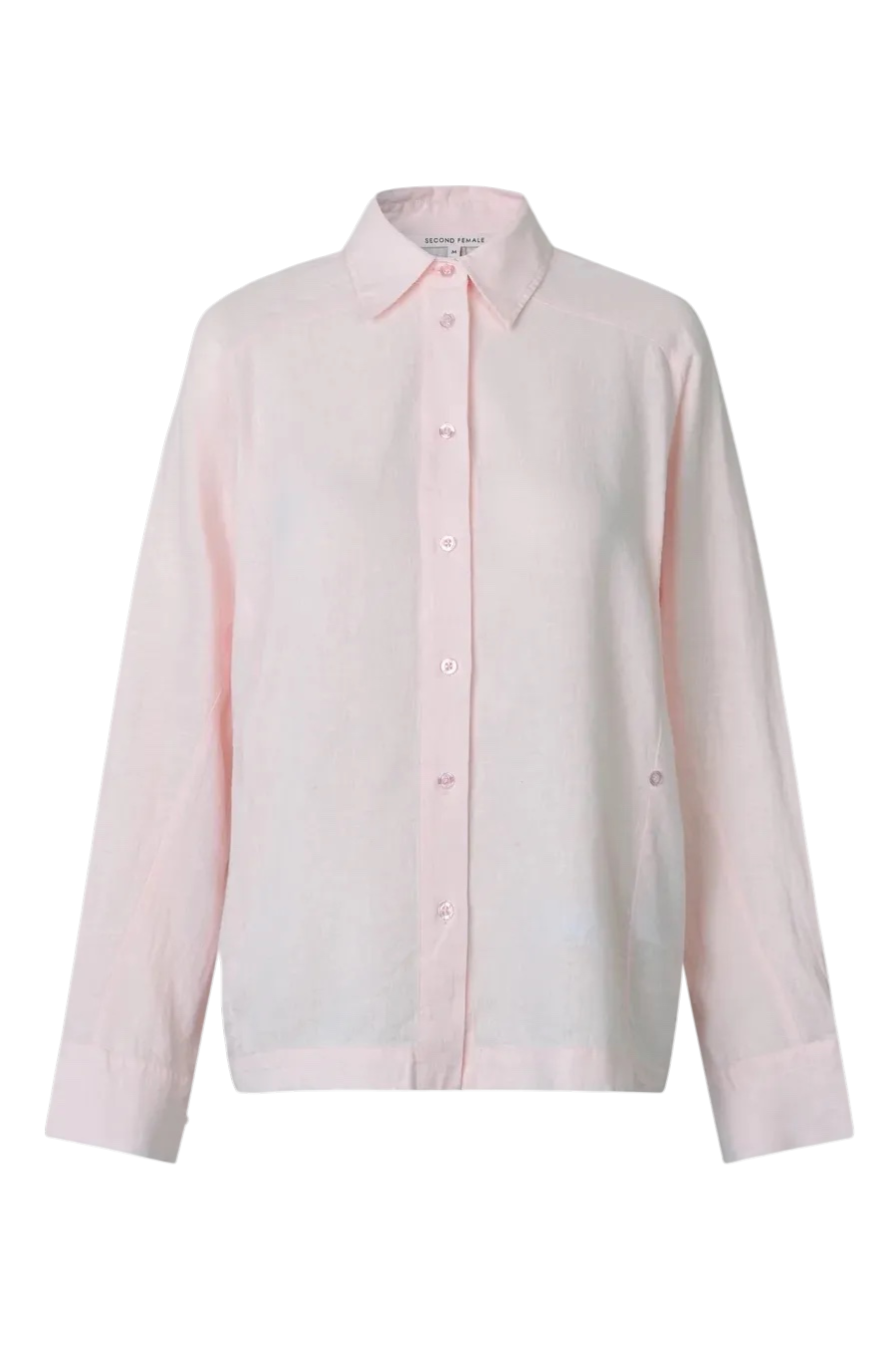 A light pink long-sleeve button-up shirt with a pointed collar, shown on a plain white background.