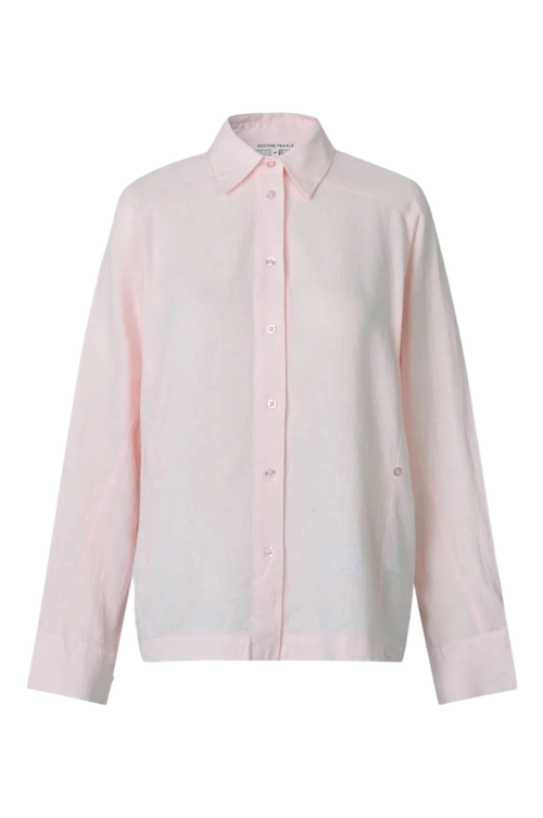 A light pink long-sleeve button-up shirt with a pointed collar, shown on a plain white background.