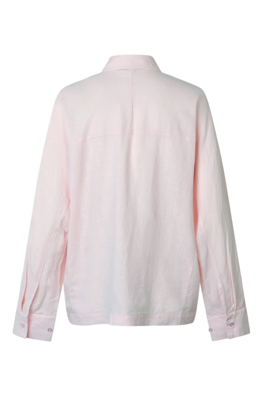 A light pink long-sleeve linen shirt shown from the back, featuring a collar, a vertical center back seam, and a single chest pocket, photographed against a solid white background.