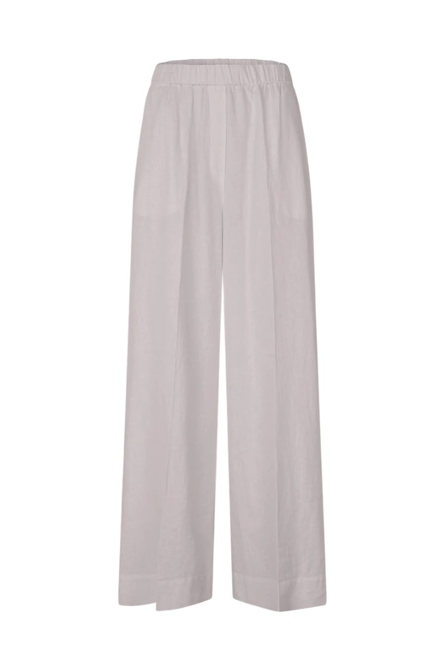 A pair of wide-leg cropped pants in a light, warm off-white or pale blush-gray fabric, shown flat against a solid white background.