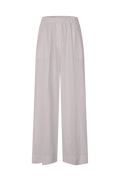 A pair of wide-leg cropped pants in a light, warm off-white or pale blush-gray fabric, shown flat against a solid white background.