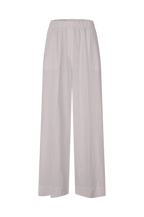 A pair of wide-leg cropped pants in a light, warm off-white or pale blush-gray fabric, shown flat against a solid white background.