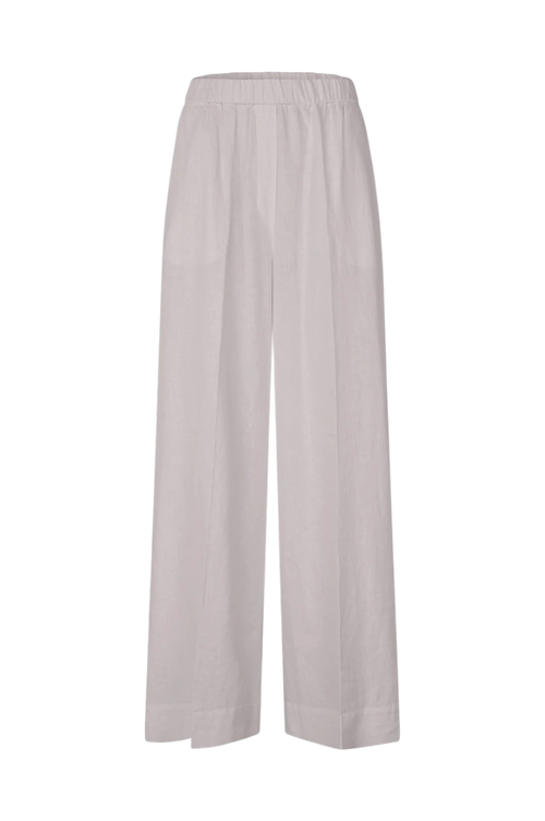 A pair of wide-leg cropped pants in a light, warm off-white or pale blush-gray fabric, shown flat against a solid white background.
