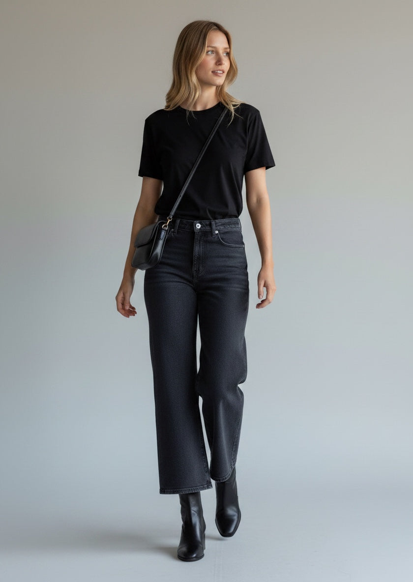 Woman wearing a black t-shirt, dark jeans, and black boots against a plain background