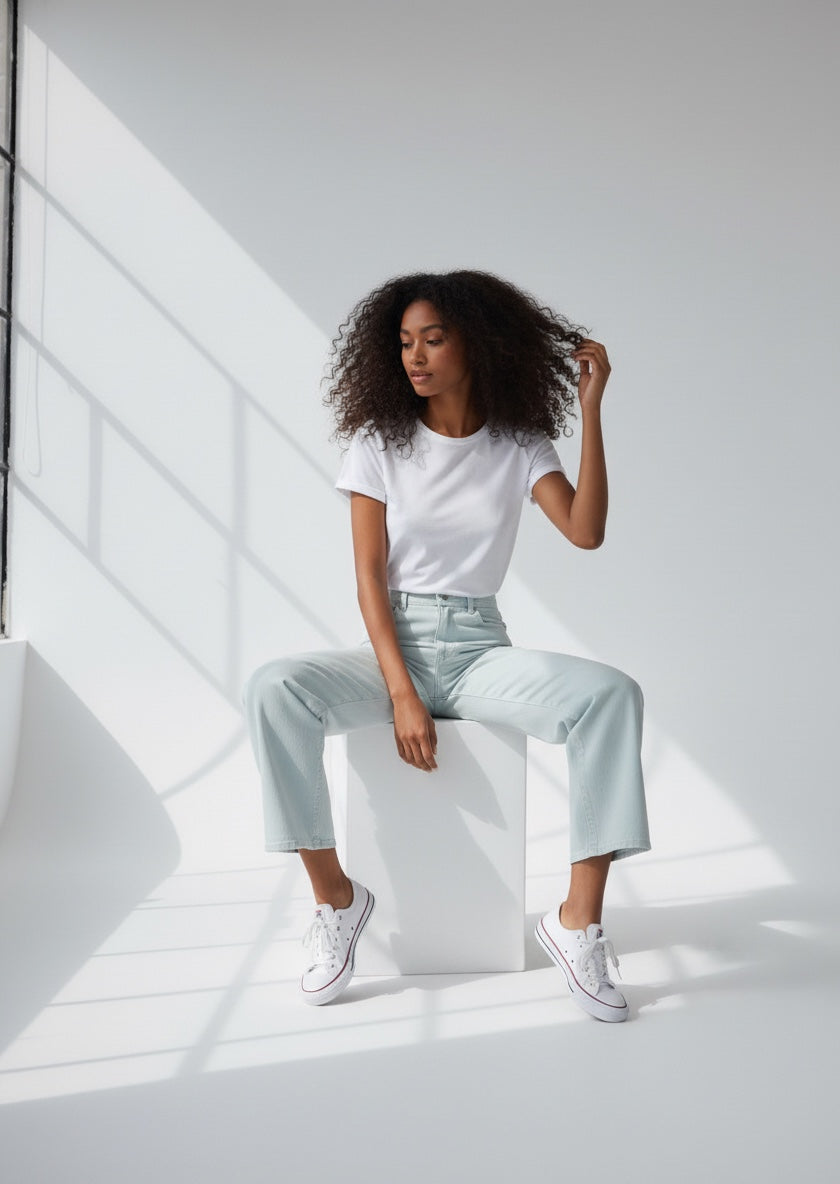 Woman sitting on a white stool in a minimalistic setting wearing a white t-shirt and light blue pants.