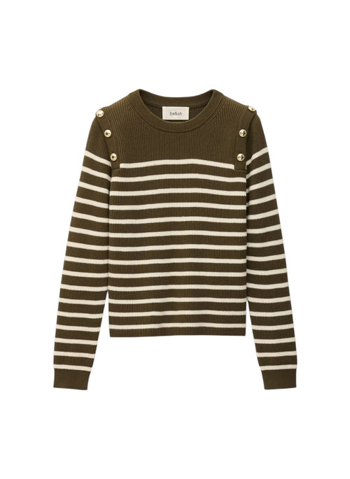 Brown and white striped sweater with button details on a white background. ba&sh matio jumper