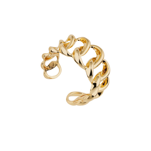 Gold chain-style ring on a light beige background