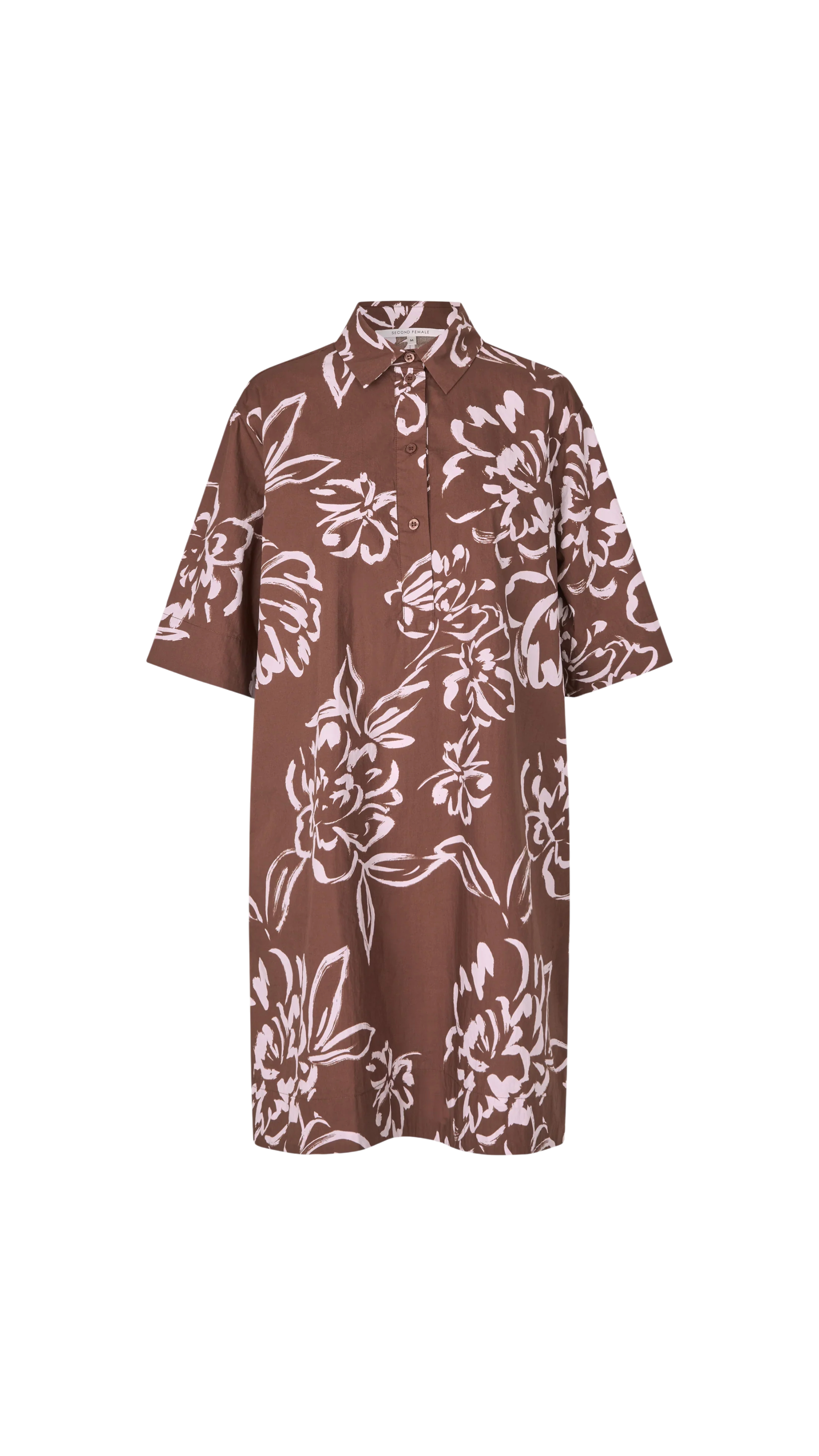 Brown dress with floral pattern on a white background