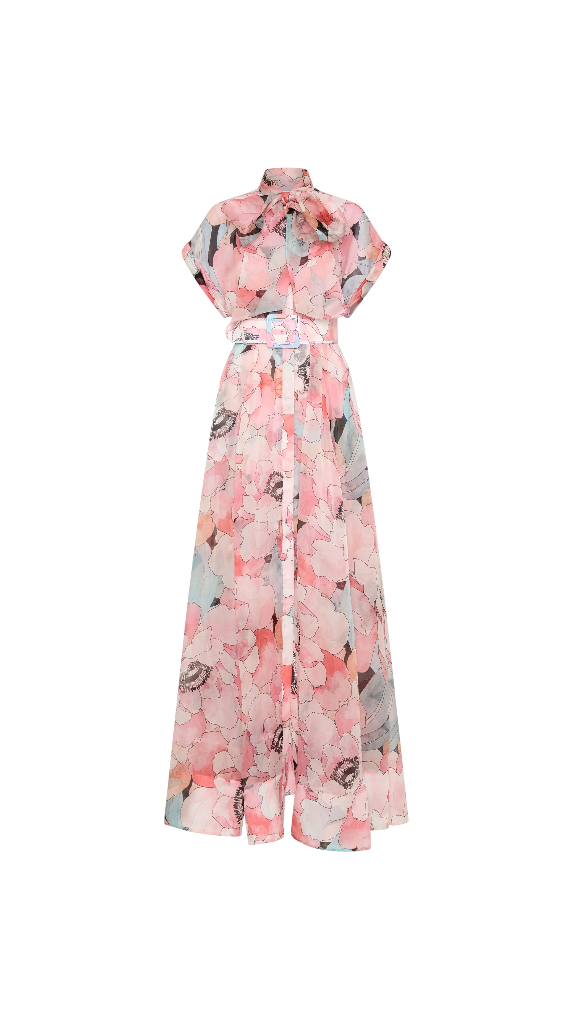 Floral dress with a pink and gray pattern on a white background