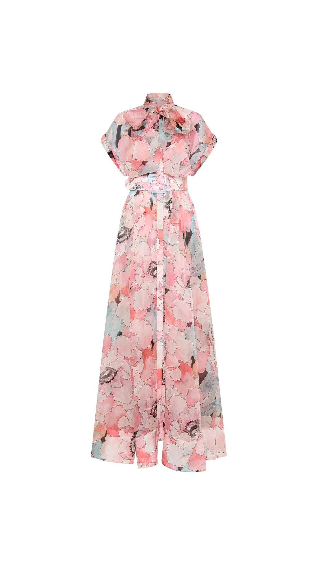 Floral dress with a pink and gray pattern on a white background