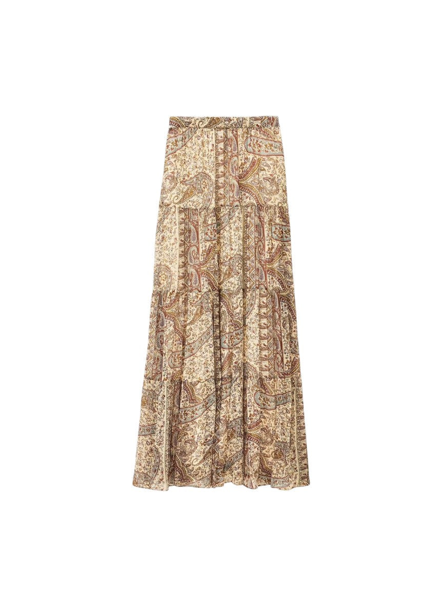 A pleated maxi skirt with an intricate paisley and floral pattern in beige, brown, and muted orange tones, shown against a plain white background.