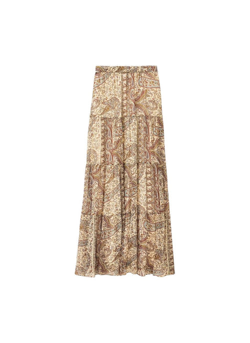 A pleated maxi skirt with an intricate paisley and floral pattern in beige, brown, and muted orange tones, shown against a plain white background.