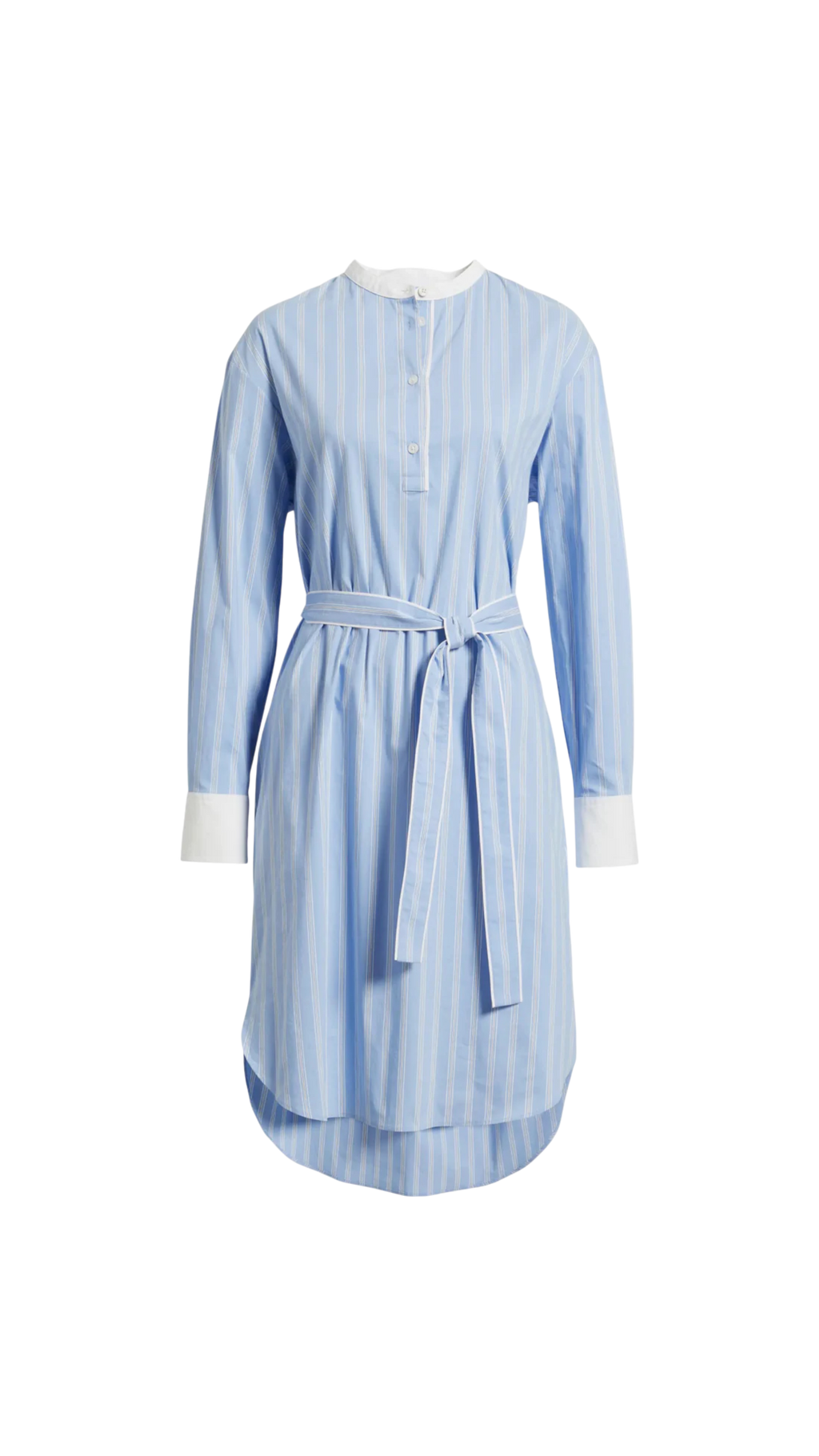 Light blue striped dress with white cuffs and waistband on a white background