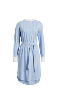 Light blue striped dress with white cuffs and waistband on a white background