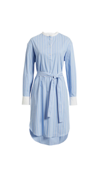 Light blue striped dress with white cuffs and waistband on a white background