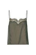 An olive green satin camisole top with thin straps and a lace underband, shown against a plain white background.