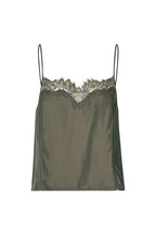 An olive green satin camisole top with thin straps and a lace underband, shown against a plain white background.