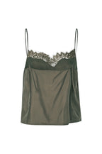 An olive green satin camisole top with thin straps, a lace-trimmed sweetheart neckline, and side pockets, shown against a plain white background.