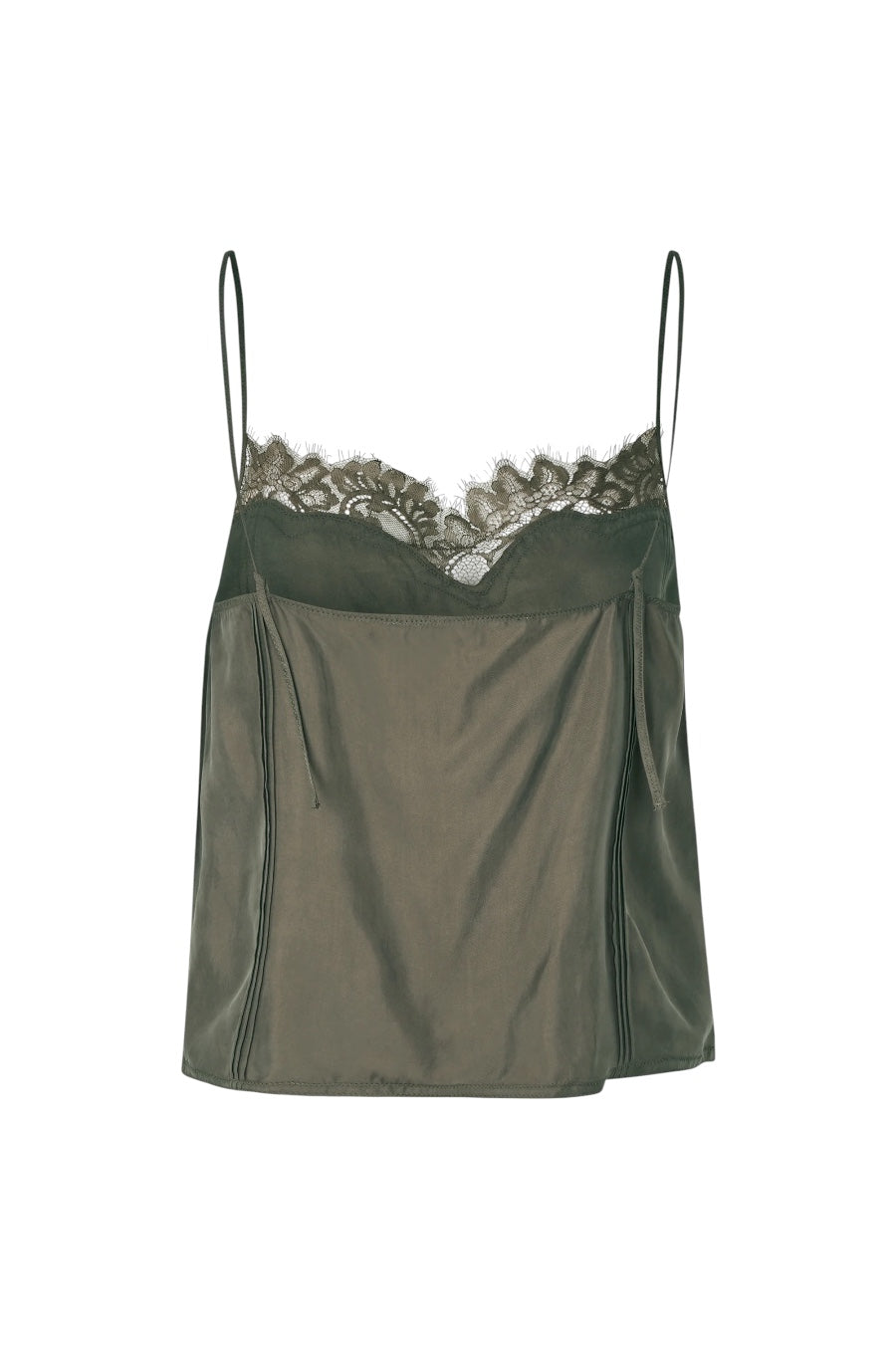An olive green satin camisole top with thin straps, a lace-trimmed sweetheart neckline, and side pockets, shown against a plain white background.