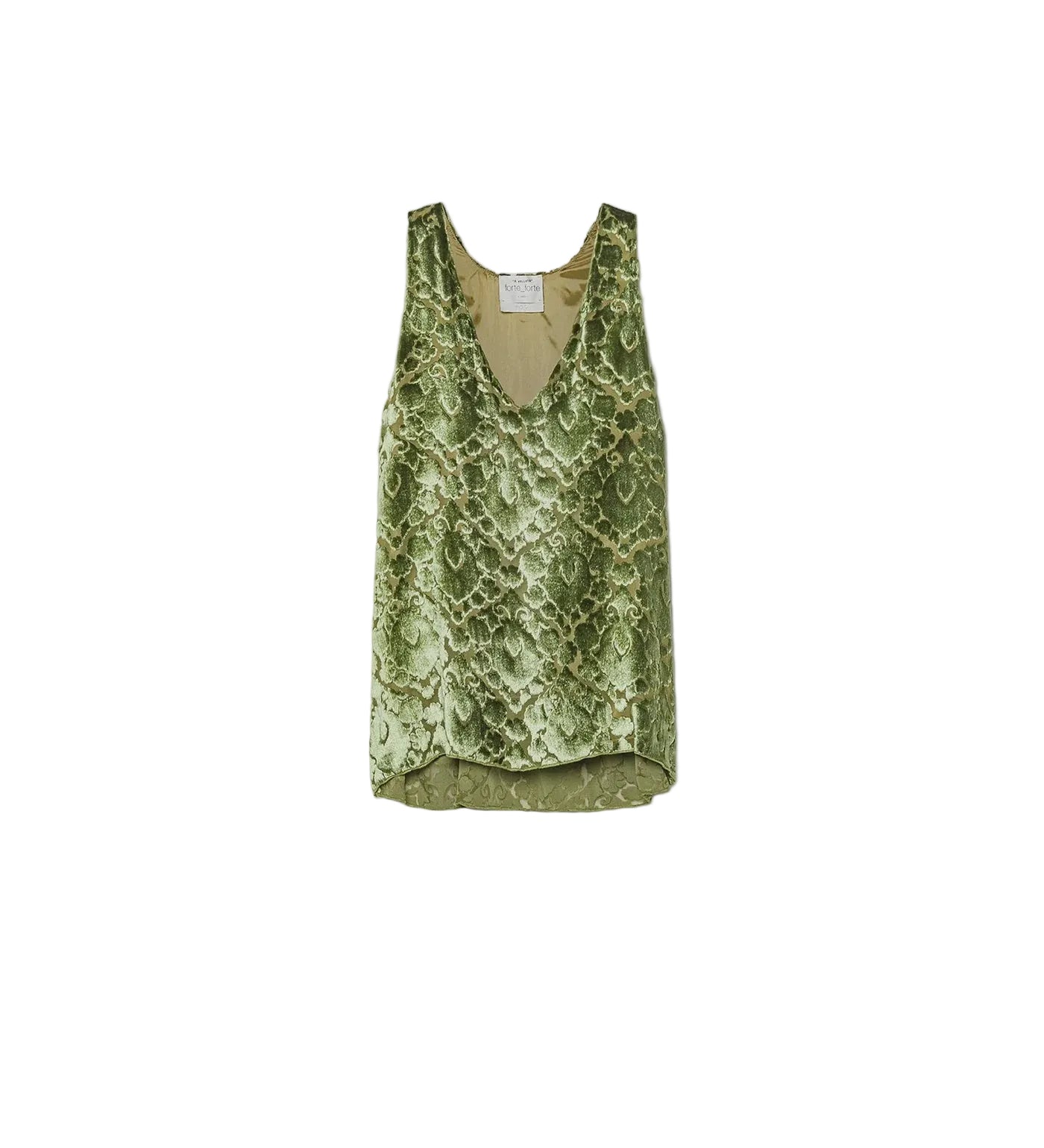 A sleeveless olive green snakeskin print tank top with a V-neckline, displayed flat against a light gray background.