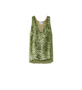 A sleeveless olive green snakeskin print tank top with a V-neckline, displayed flat against a light gray background.