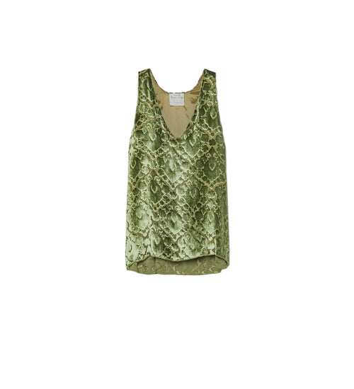 A sleeveless olive green snakeskin print tank top with a V-neckline, displayed flat against a light gray background.