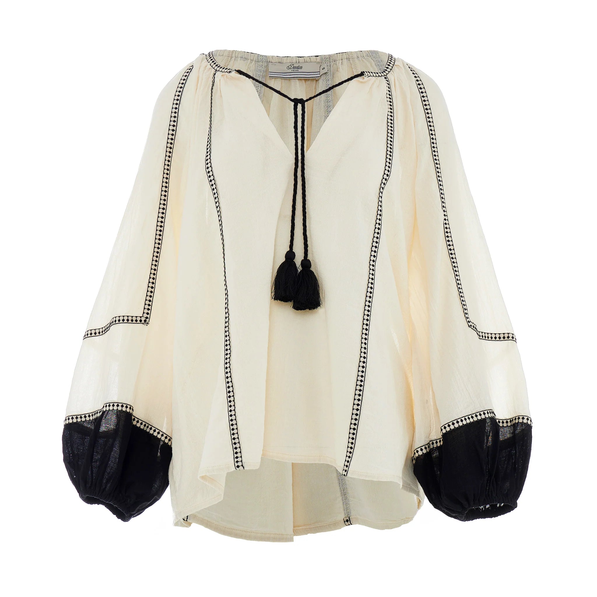 White blouse with black accents on a white background