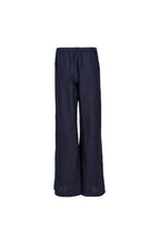 A pair of dark navy wide-leg pants with an elastic waistband, shown flat against a light gray background.