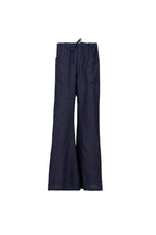 A pair of dark navy wide-leg pants with a drawstring waist and side pockets, shown flat against a light gray  holi21day.624

hannes roether