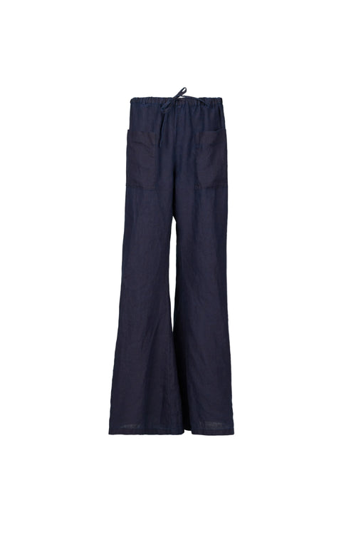A pair of dark navy wide-leg pants with a drawstring waist and side pockets, shown flat against a light gray  holi21day.624

hannes roether