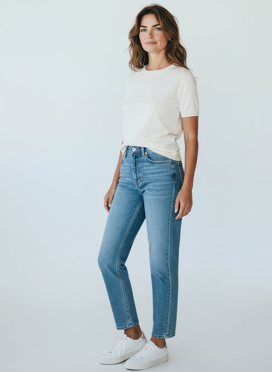 Woman wearing a white t-shirt and blue jeans against a plain background