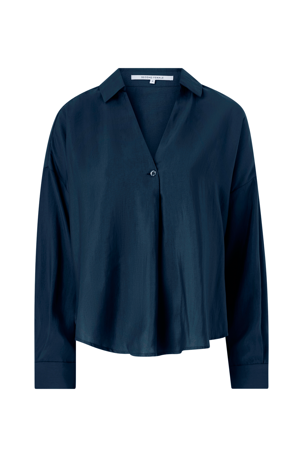 A dark navy blue long-sleeve button-up shirt with a relaxed fit, displayed on a clean white background.