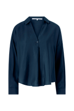 A dark navy blue long-sleeve button-up shirt with a relaxed fit, displayed on a clean white background.