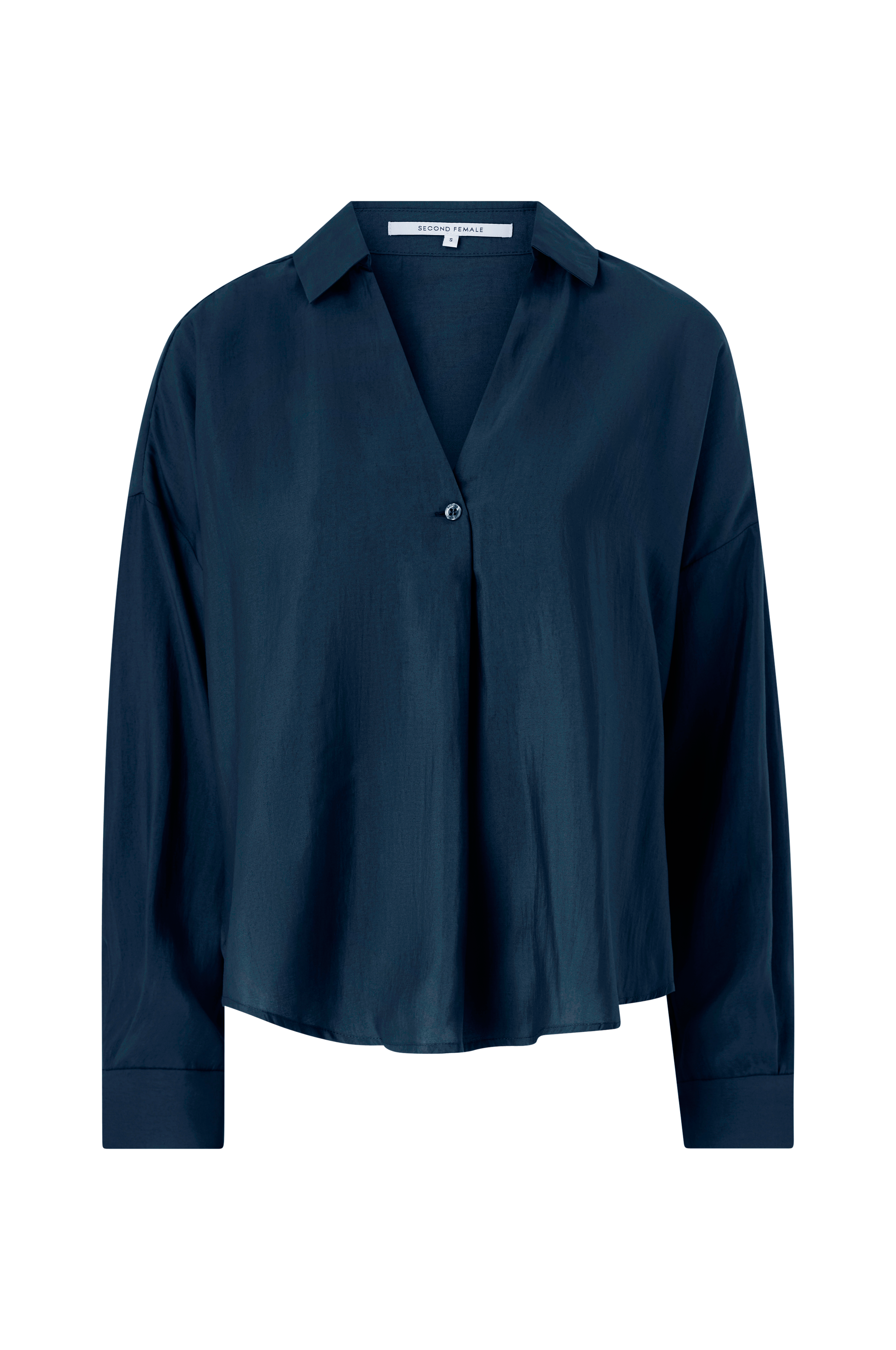 A dark navy blue long-sleeve button-up shirt with a relaxed fit, displayed on a clean white background.
