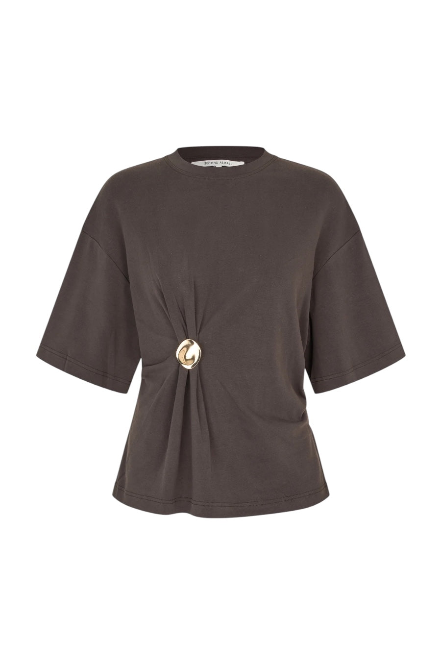 A dark brown short-sleeve knit top with a gathered twist detail at the center front, secured by a prominent gold-tone button, shown on a plain white background.