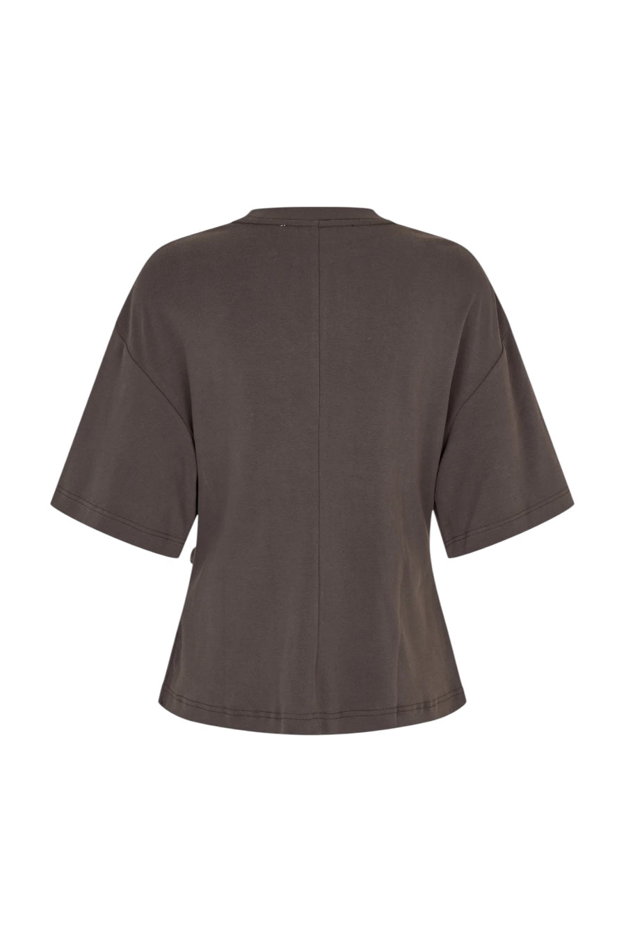 A dark brown short-sleeve t-shirt shown from the back, featuring a central seam and a relaxed fit, displayed on a solid white background.