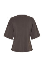 A dark brown short-sleeve t-shirt shown from the back, featuring a central seam and a relaxed fit, displayed on a solid white background.