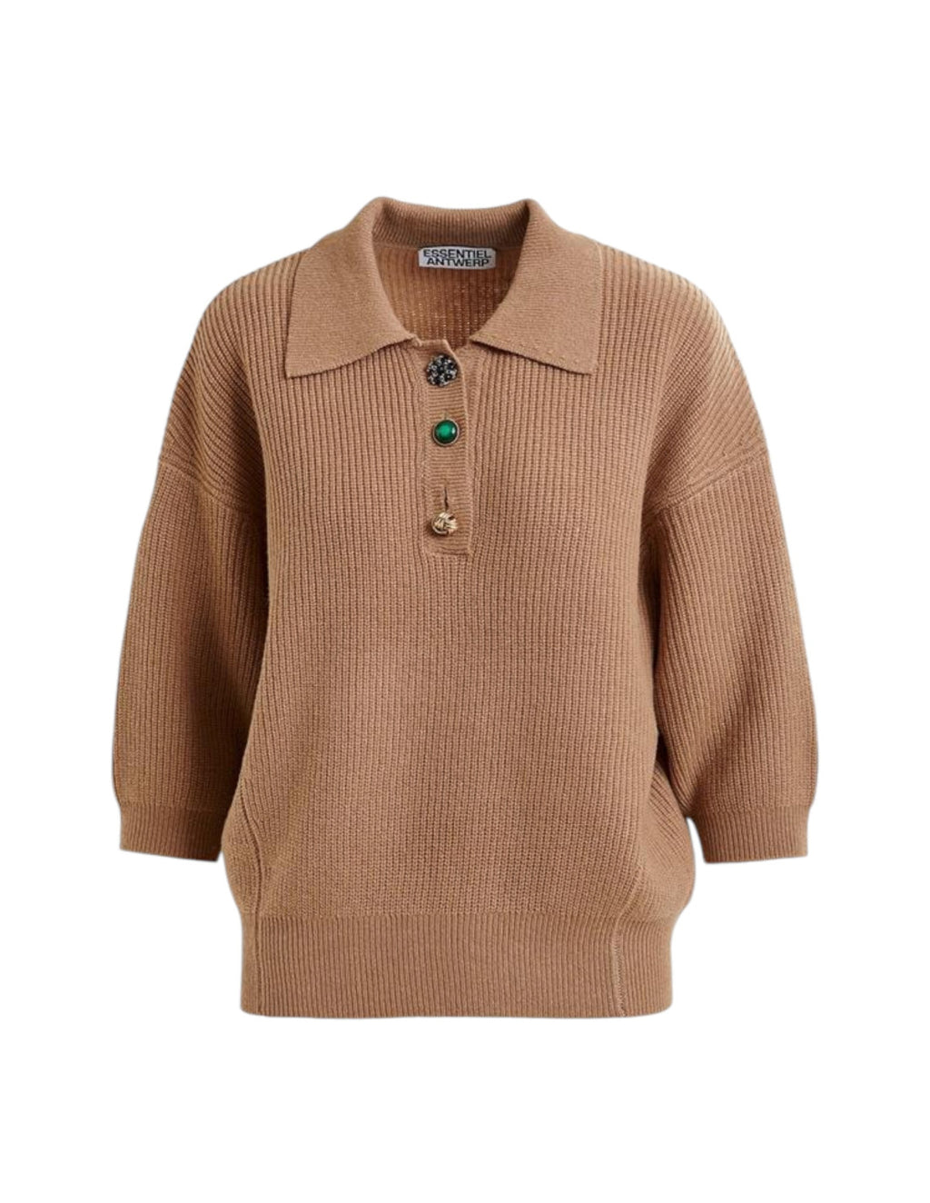 Brown ribbed sweater with collar and buttons on a white background