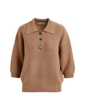 Brown ribbed sweater with collar and buttons on a white background